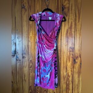 Cache Pink and Purple Printed Draped Slimming Midi Dress
